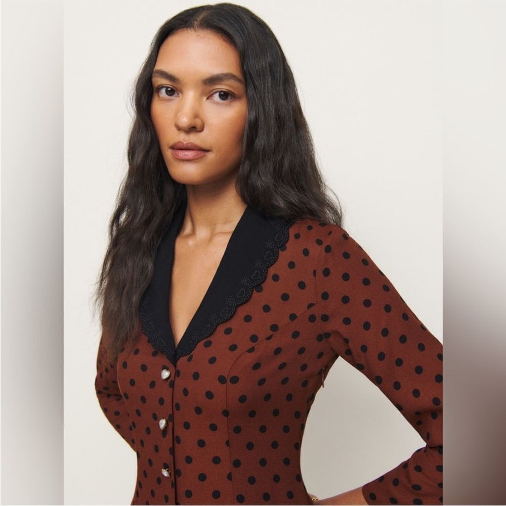 NEW Reformation Galene Mini Dress - Fig Jam Polka Dot Wine Black Causal Spring - Picture 4 of 5